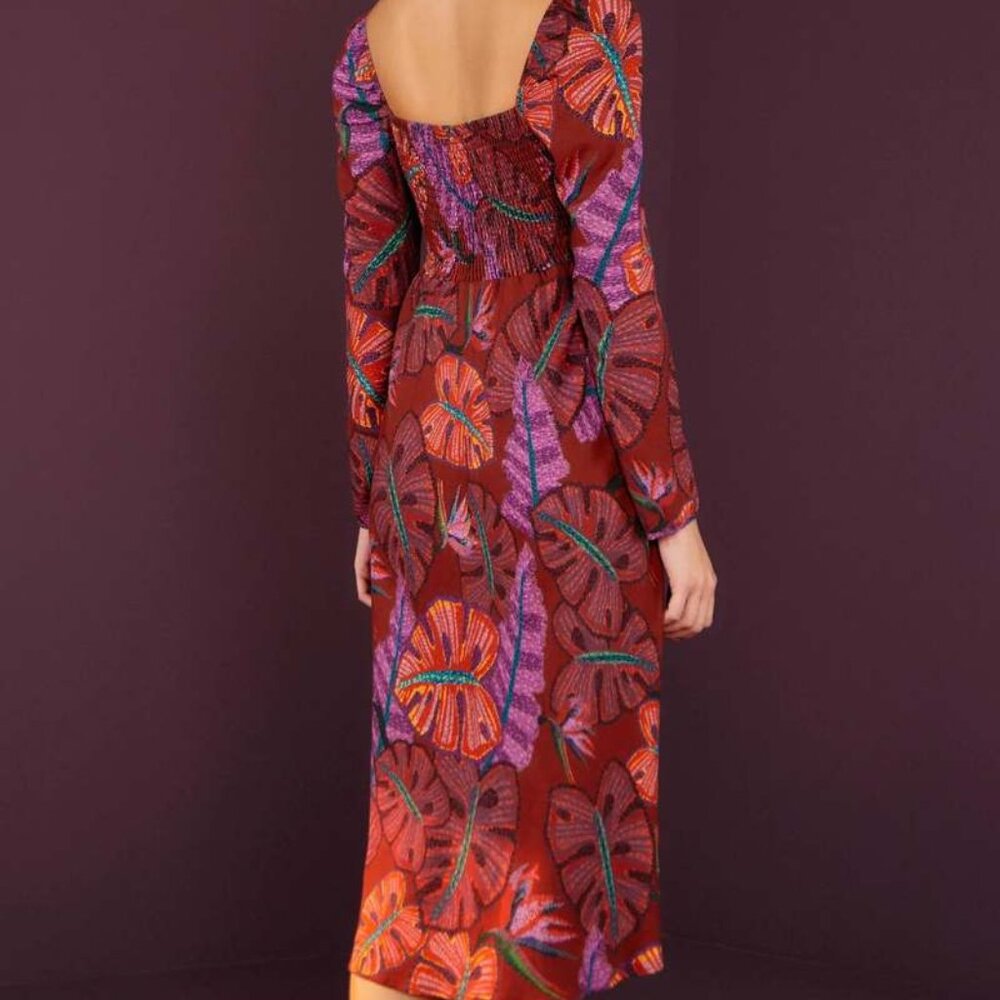 FARM RIO Red Delicate Leaves Midi Dress